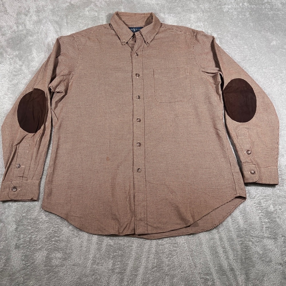 Ralph Lauren Shirt Mens Large Brown Houndstooth Elbow Patch Button Down Classic